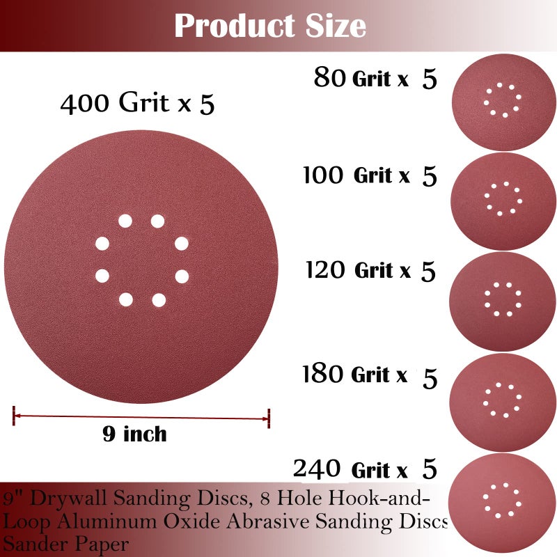 SACKORANGE 30 PCS 9 Inch 8 Hole Drywall Sanding Discs Set- 80 100 120 180 240 400 Grits, 9" Sandpaper Discs with Hook & Loop Backing, Fast Cutting Aluminum Oxide Abrasive for Drywall Power Sander, Sand Wood - Image 2